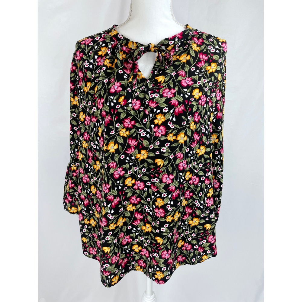 Old Navy Blouse Women 2X Plus Black Ditsy Floral Bell Sleeve Neck Tie